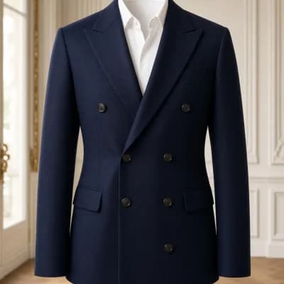 Blazer croisé en laine marine porté sur chemise blanche