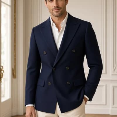 Blazer croisé marine porté avec chemise blanche et pantalon écru