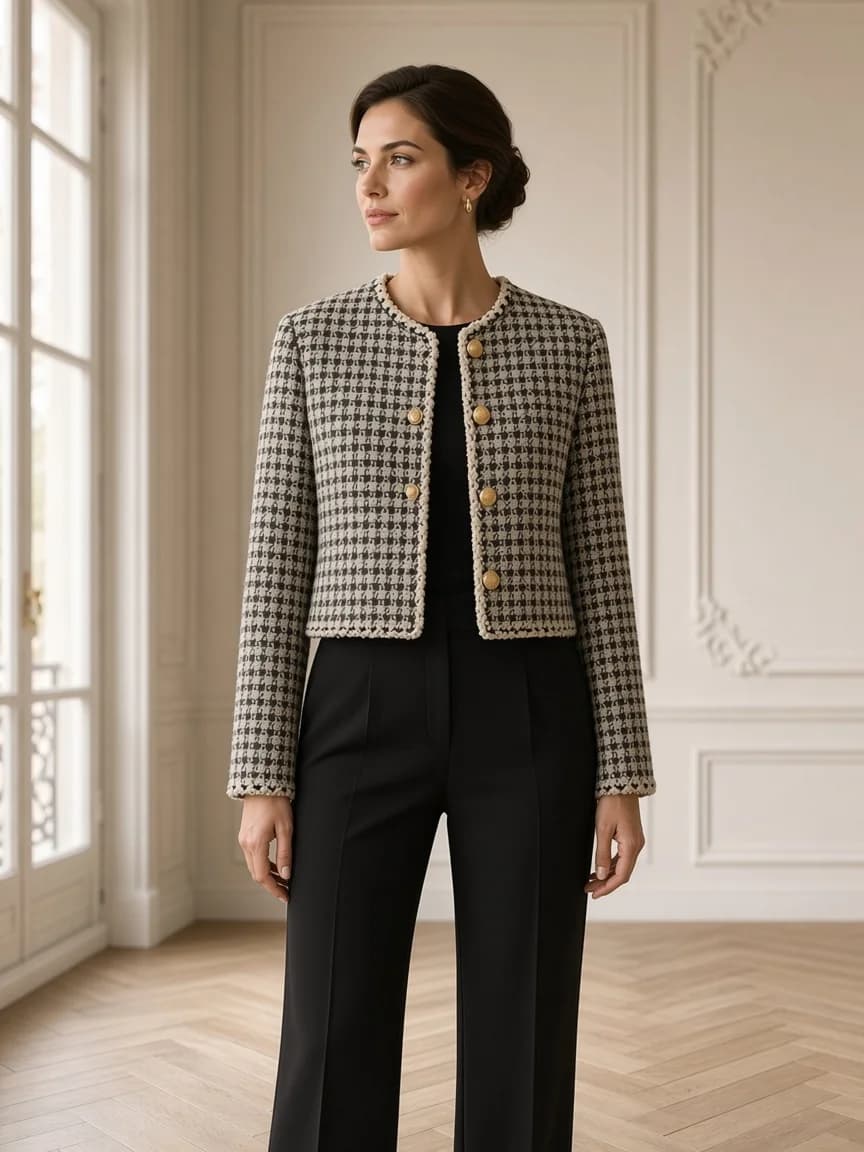 Veste courte en tweed noir et écru portée sur un pantalon noir