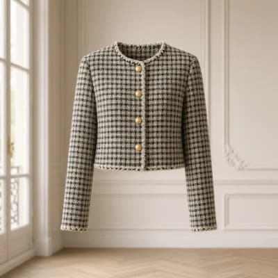 Veste courte en tweed noir et écru, galon tressé et boutons dorés
