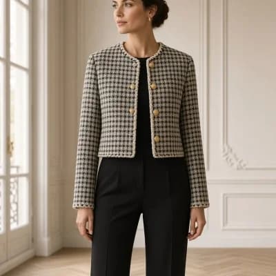 Veste courte en tweed noir et écru portée sur un pantalon noir