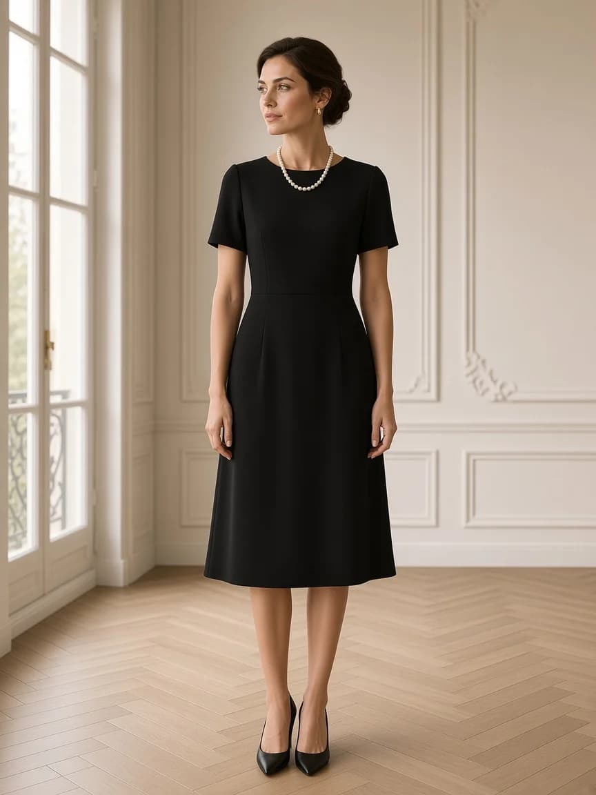 Petite robe noire en crêpe portée avec un sautoir de perles