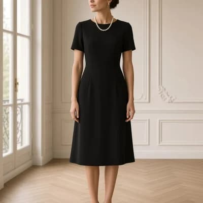 Petite robe noire en crêpe portée avec un sautoir de perles
