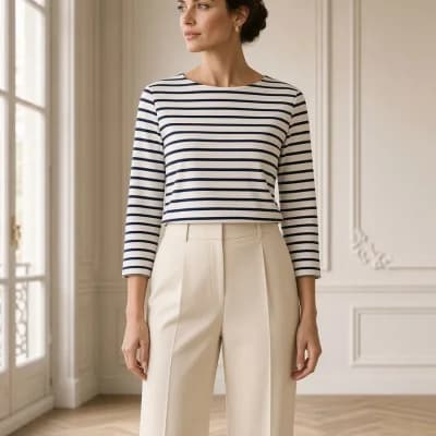 Marinière rayée blanc et marine à encolure bateau portée avec un pantalon écru
