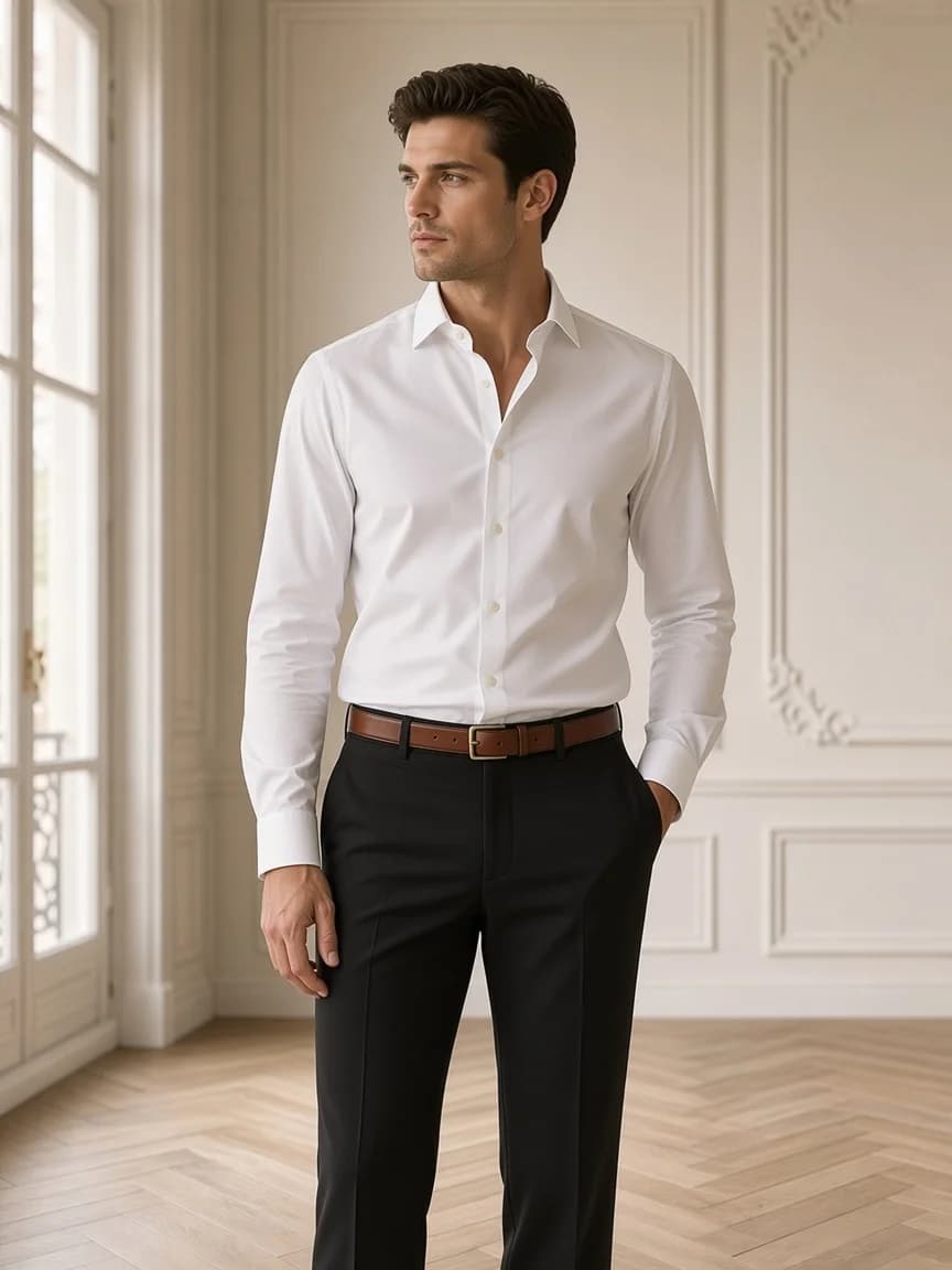Chemise blanche en popeline portée avec un pantalon noir et une ceinture en cuir
