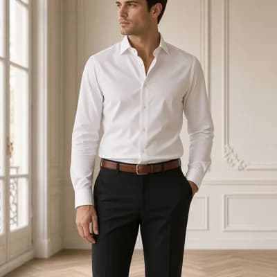 Chemise blanche en popeline portée avec un pantalon noir et une ceinture en cuir