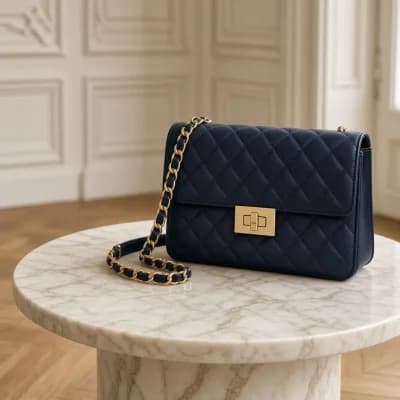 Sac matelassé bleu nuit à chaîne dorée entrelacée de cuir