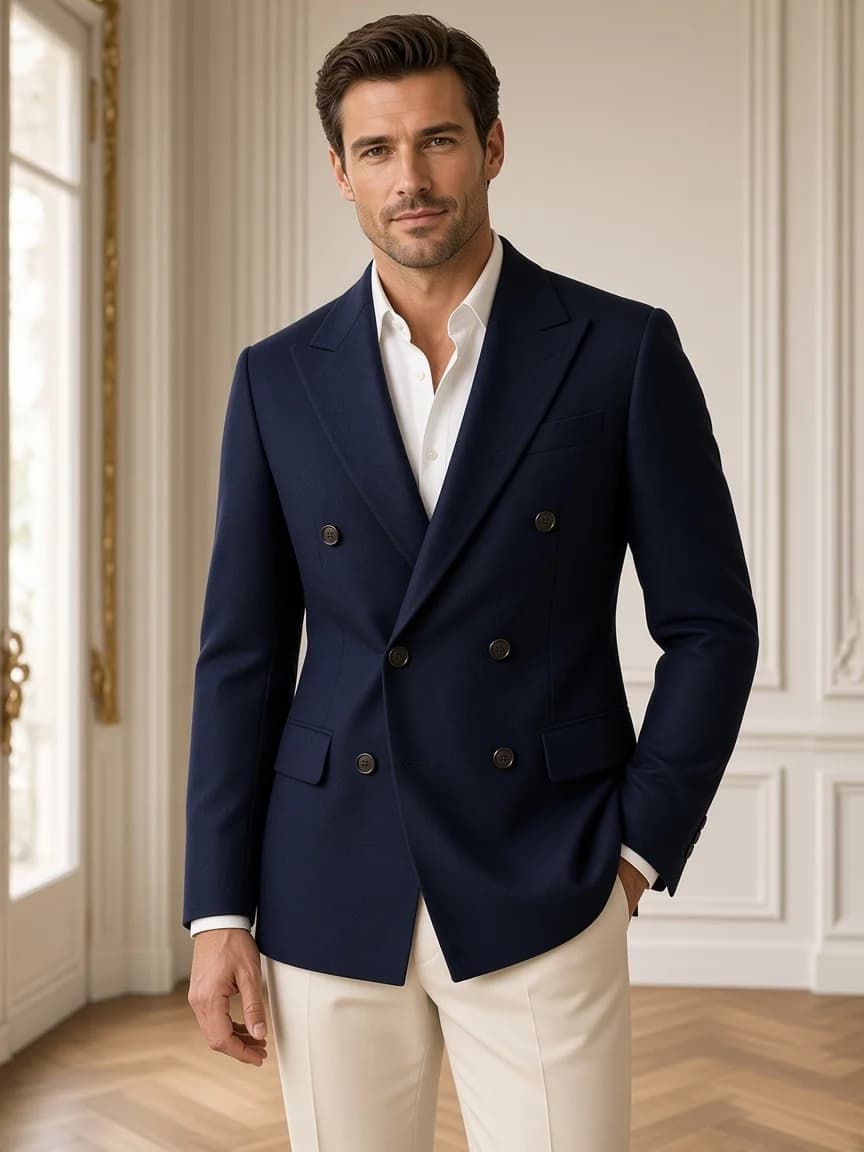 Blazer croisé marine porté avec chemise blanche et pantalon écru