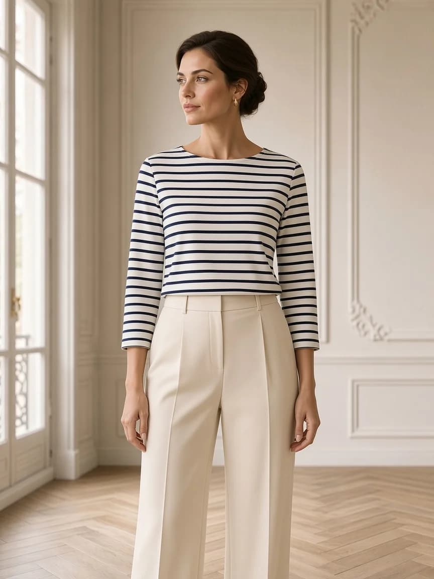Marinière rayée blanc et marine à encolure bateau portée avec un pantalon écru